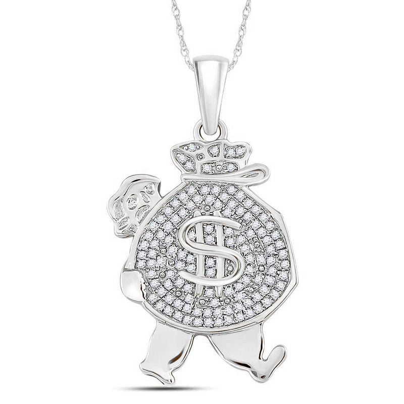 10kt White Gold Mens Round Diamond Money Bag Man Charm Pendant 1/4 Cttw