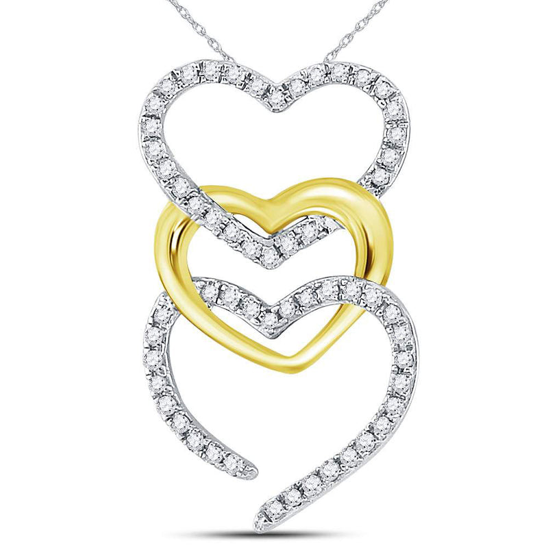 10kt Two-tone Gold Womens Round Diamond Triple Cascading Heart Pendant 1/6 Cttw