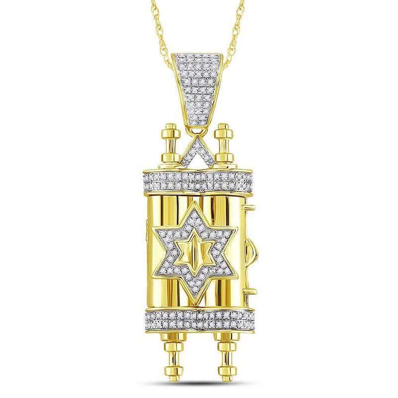 10kt Yellow Gold Mens Round Diamond Torah Magen David Scroll Charm Pendant 3/8 Cttw