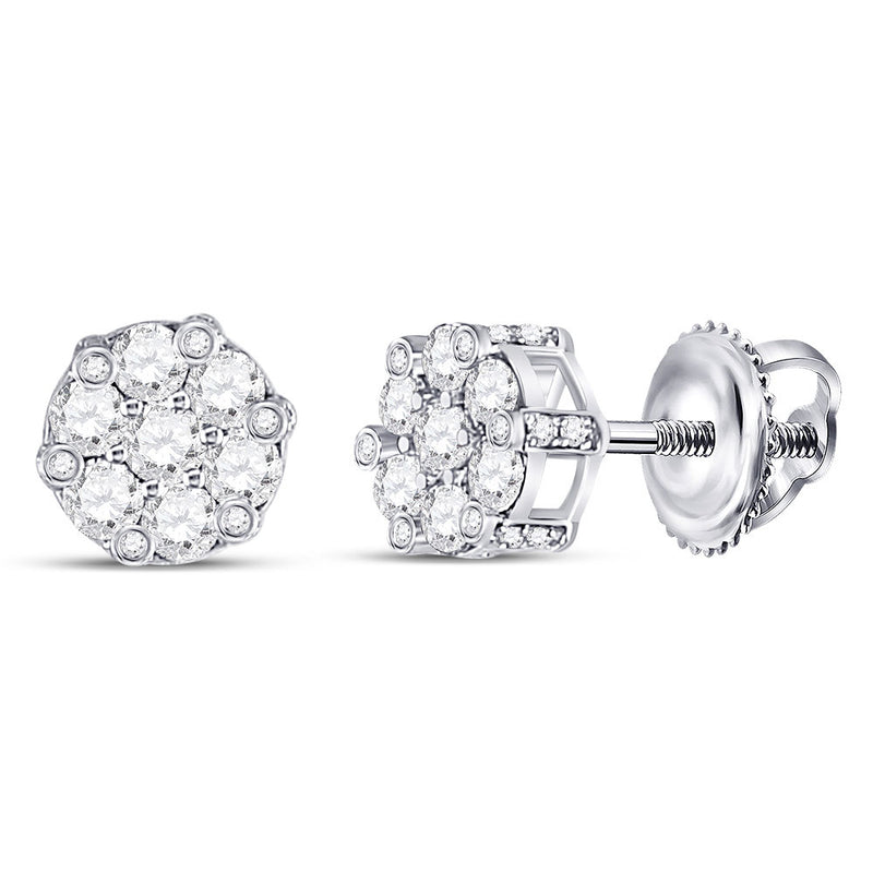 14kt White Gold Womens Round Diamond Flower Cluster Earrings 1 Cttw