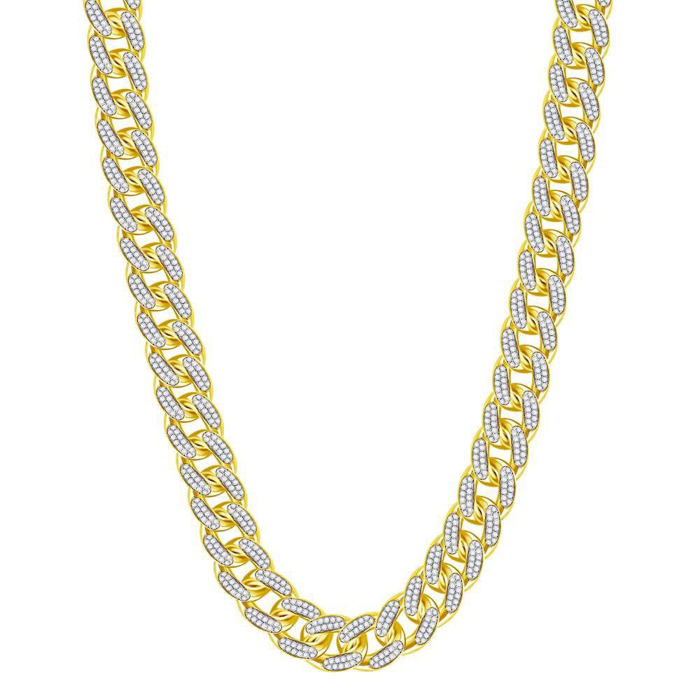 10kt Yellow Gold Mens Round Diamond Cuban Link Chain Necklace 13-1/5 Cttw