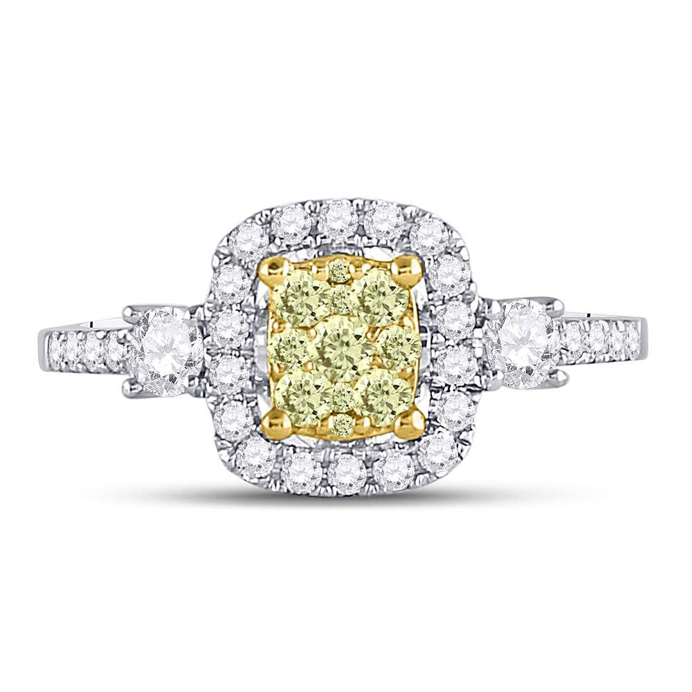 14kt White Gold Womens Round Yellow Diamond Square Frame Cluster Ring 5/8 Cttw