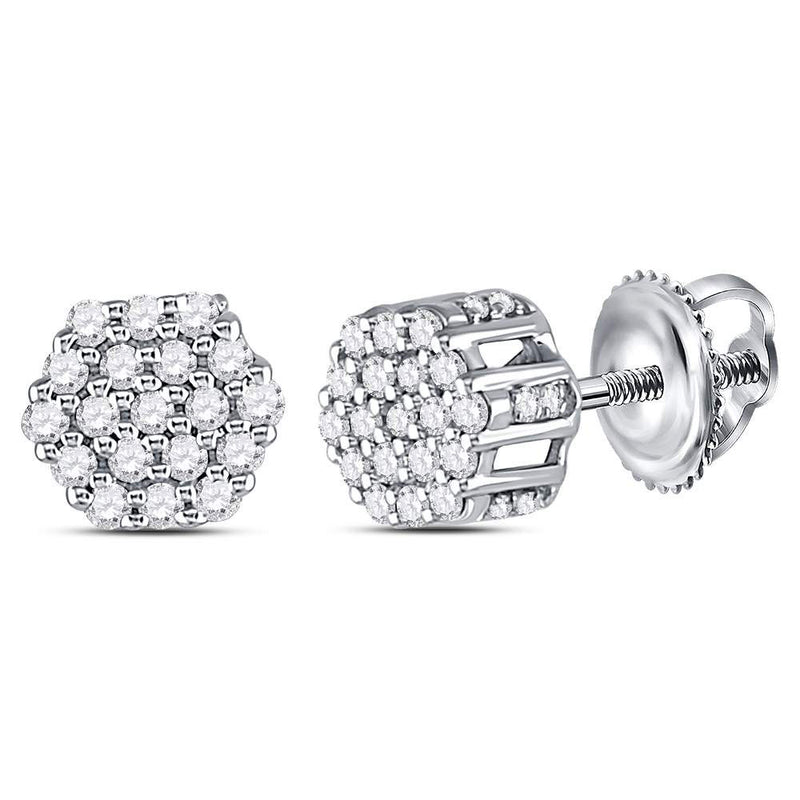 14kt White Gold Mens Round Diamond Hexagon Cluster Earrings 1/4 Cttw