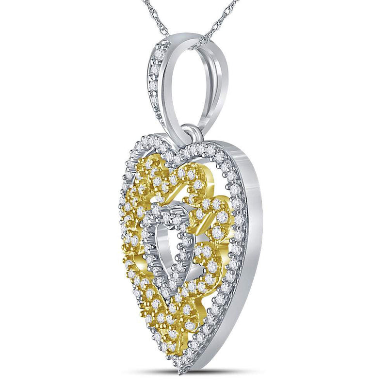 10kt Yellow Gold Womens Round Diamond Nested Curl Heart Pendant 1/2 Cttw