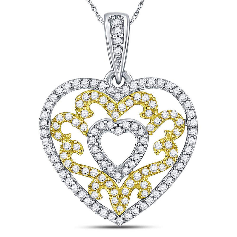 10kt Yellow Gold Womens Round Diamond Nested Curl Heart Pendant 1/2 Cttw