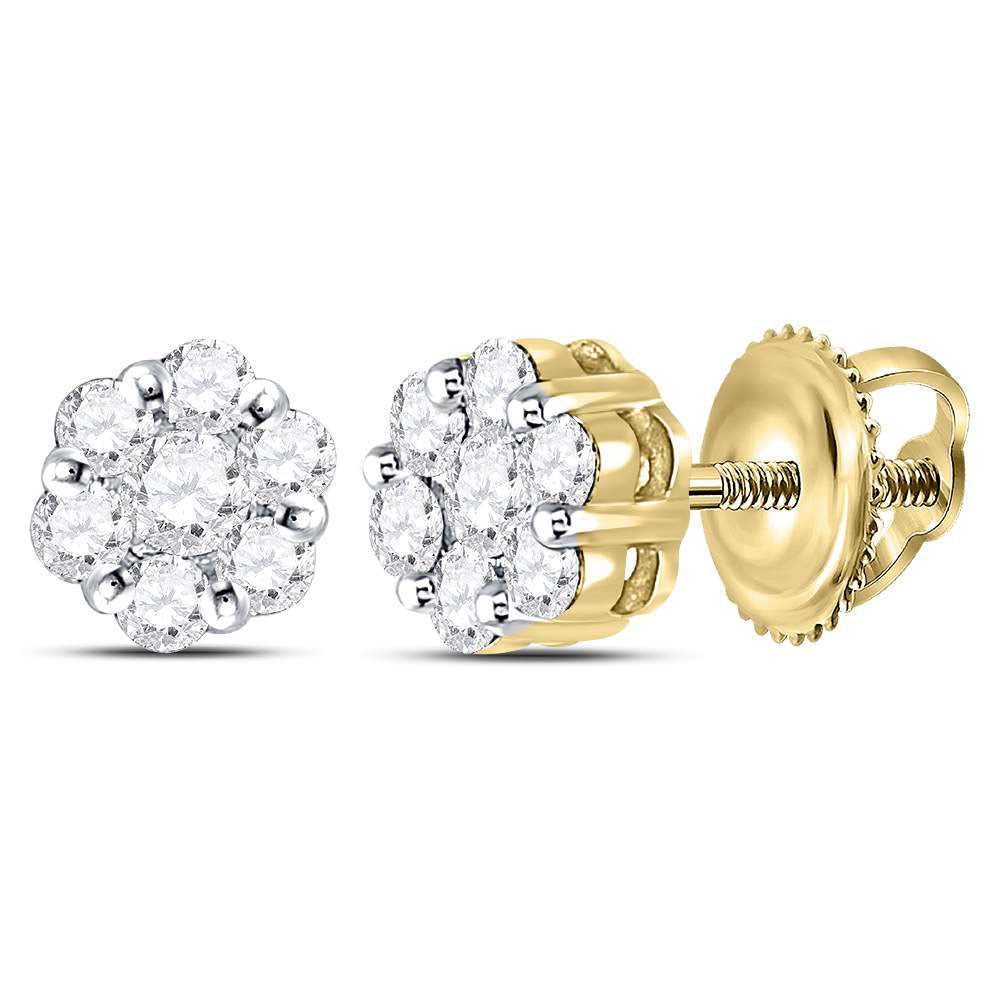 14kt Yellow Gold Womens Round Diamond Flower Cluster Earrings 1/2 Cttw