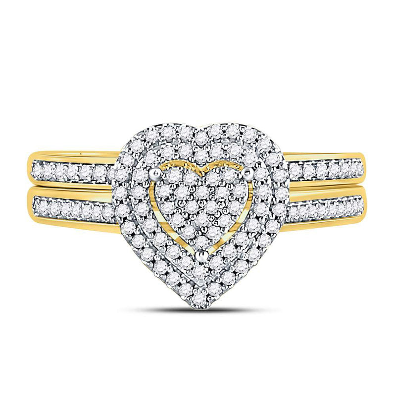 10kt Yellow Gold Diamond Heart Bridal Wedding Ring Band Set 1/3 Cttw