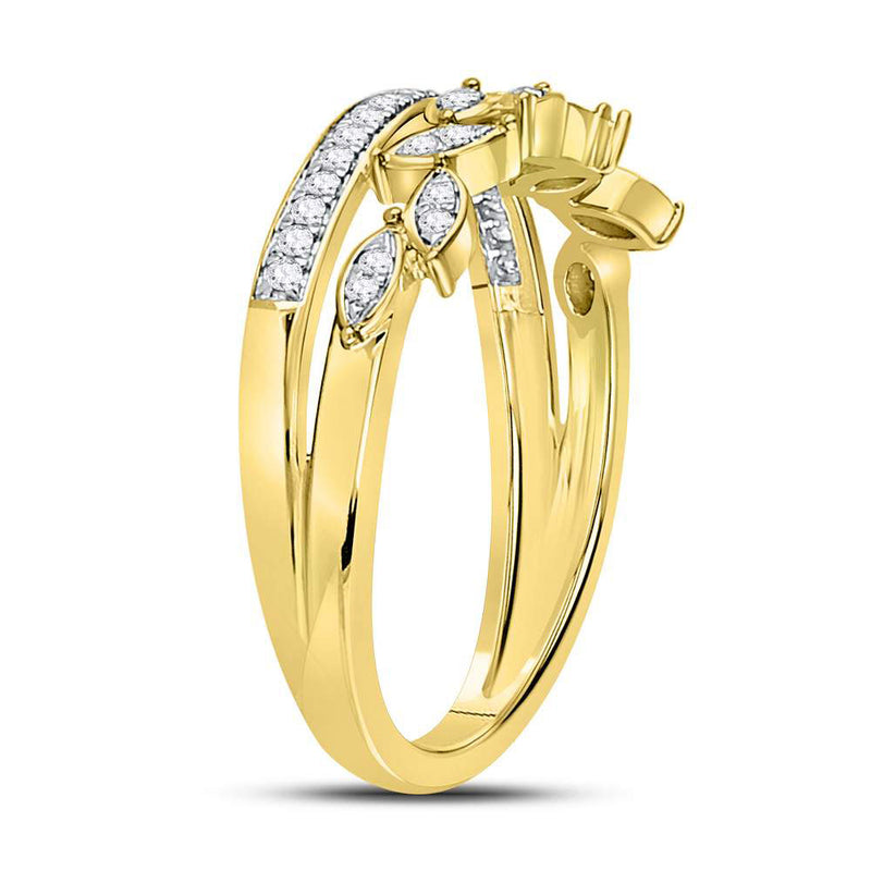 10kt Yellow Gold Womens Round Diamond Floral Leaf Fashion Band Ring 1/6 Cttw