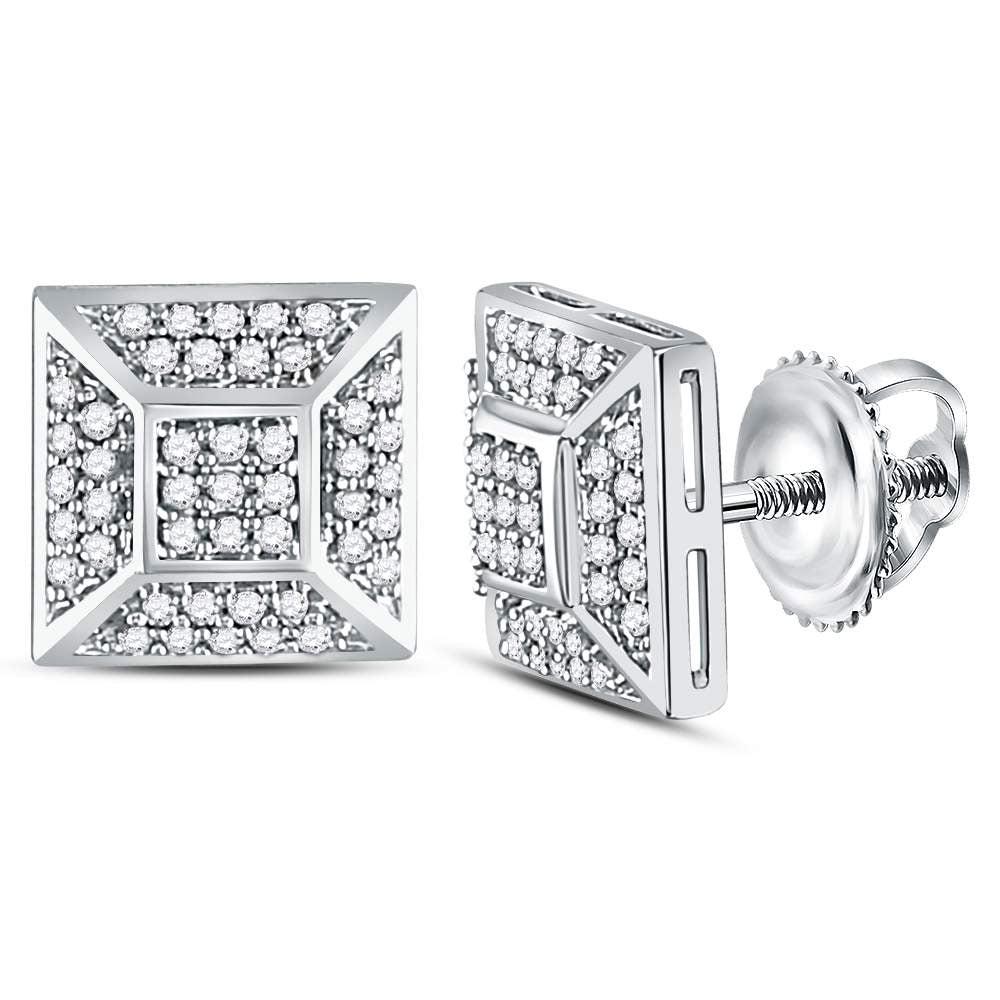 10kt White Gold Mens Round Diamond Square Cluster Stud Earrings 1/5 Cttw