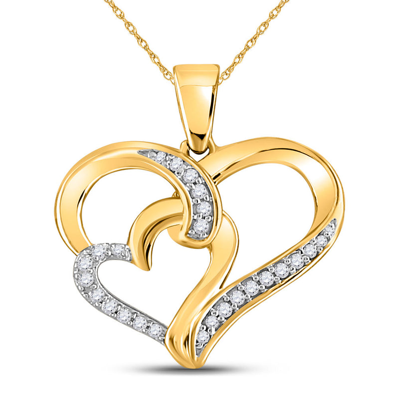 10kt Yellow Gold Womens Round Diamond Double Heart Pendant 1/10 Cttw