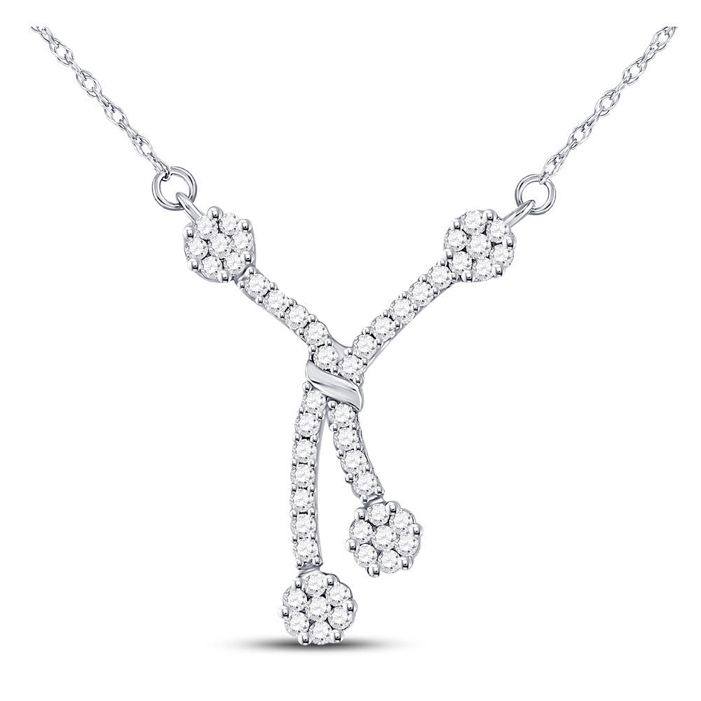 14kt White Gold Womens Round Diamond Dangle Flower Cluster Fashion Necklace 1/2 Cttw