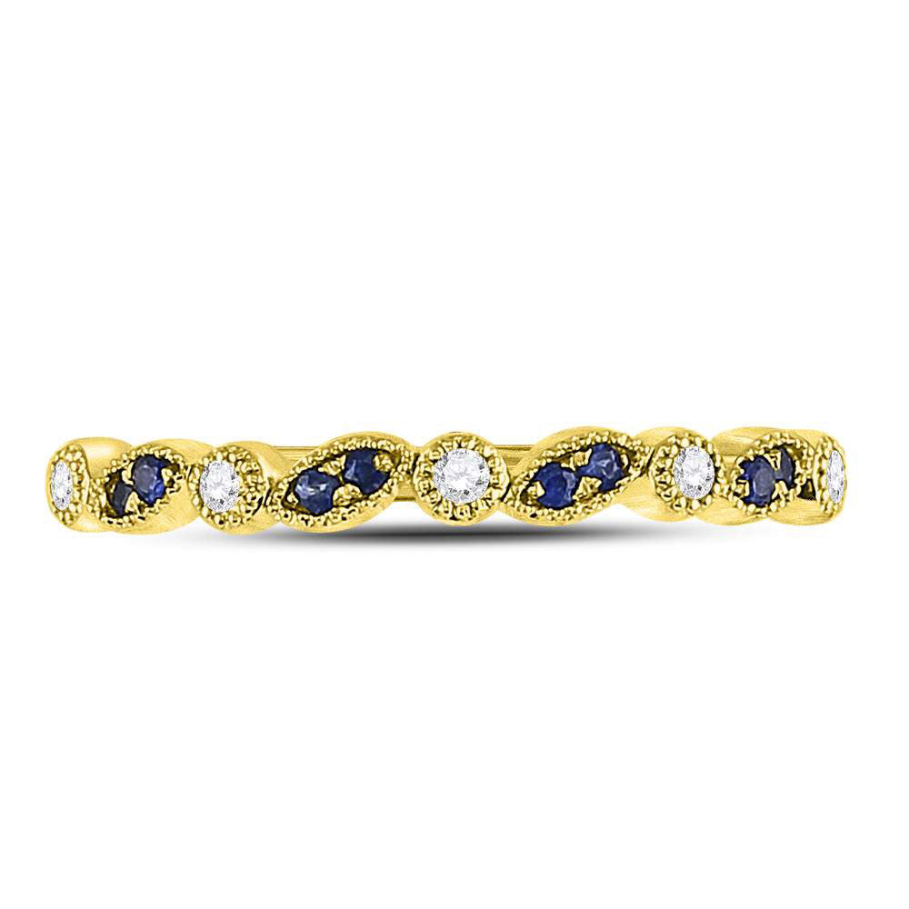 10kt Yellow Gold Womens Round Blue Sapphire Diamond Stackable Band Ring 1/10 Cttw