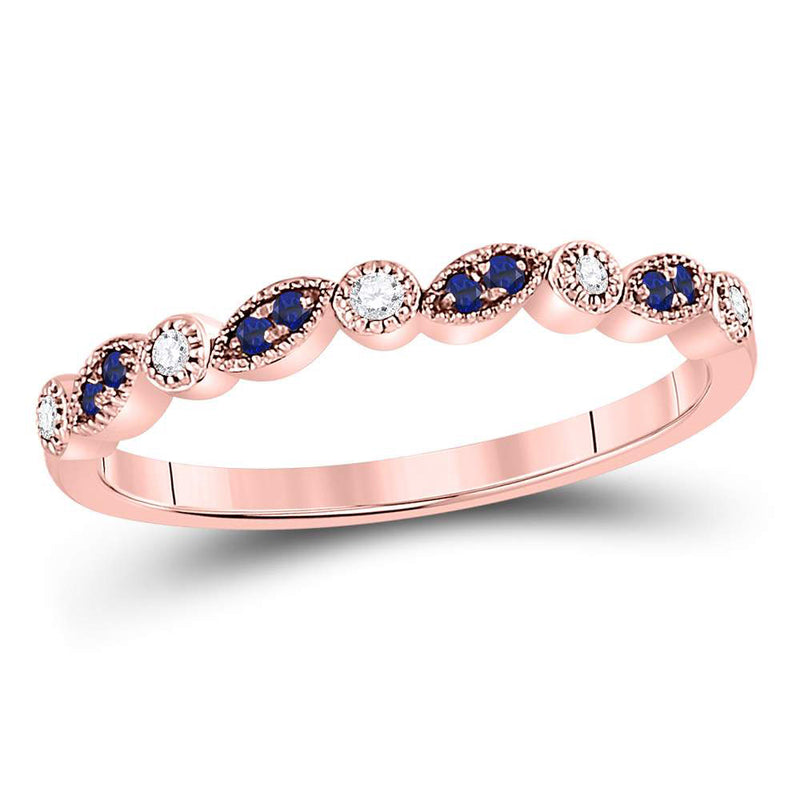 10kt Rose Gold Womens Round Blue Sapphire Diamond Stackable Band Ring 1/10 Cttw