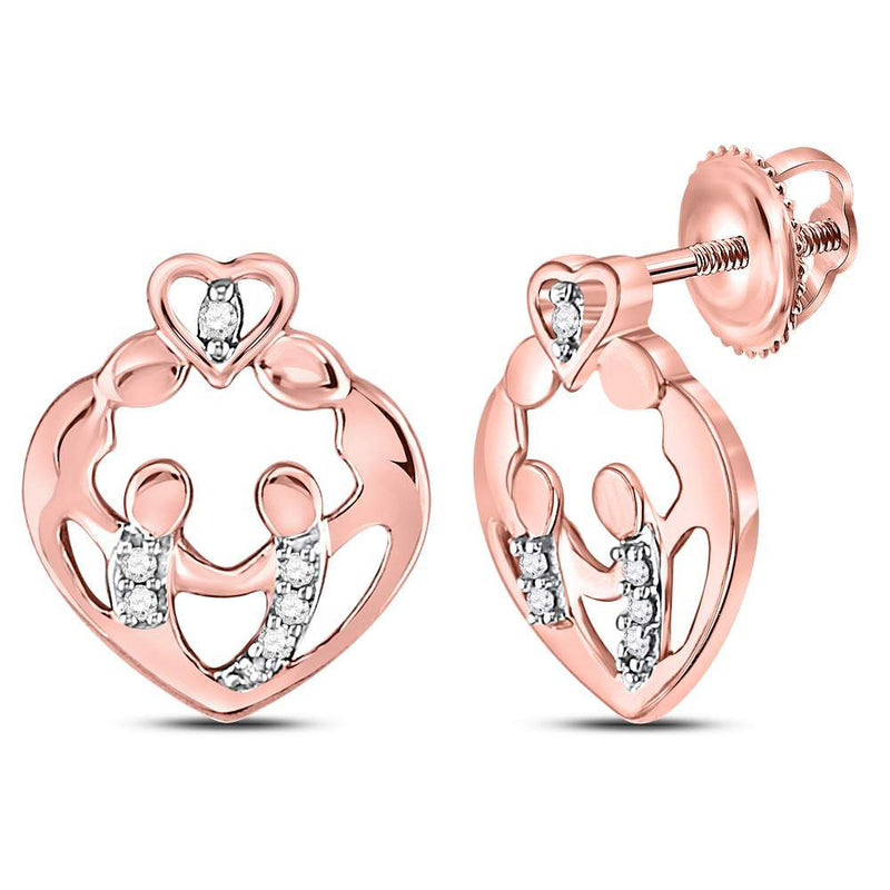 10kt Rose Gold Womens Round Diamond Mother Child Heart Stud Earrings 1/12 Cttw