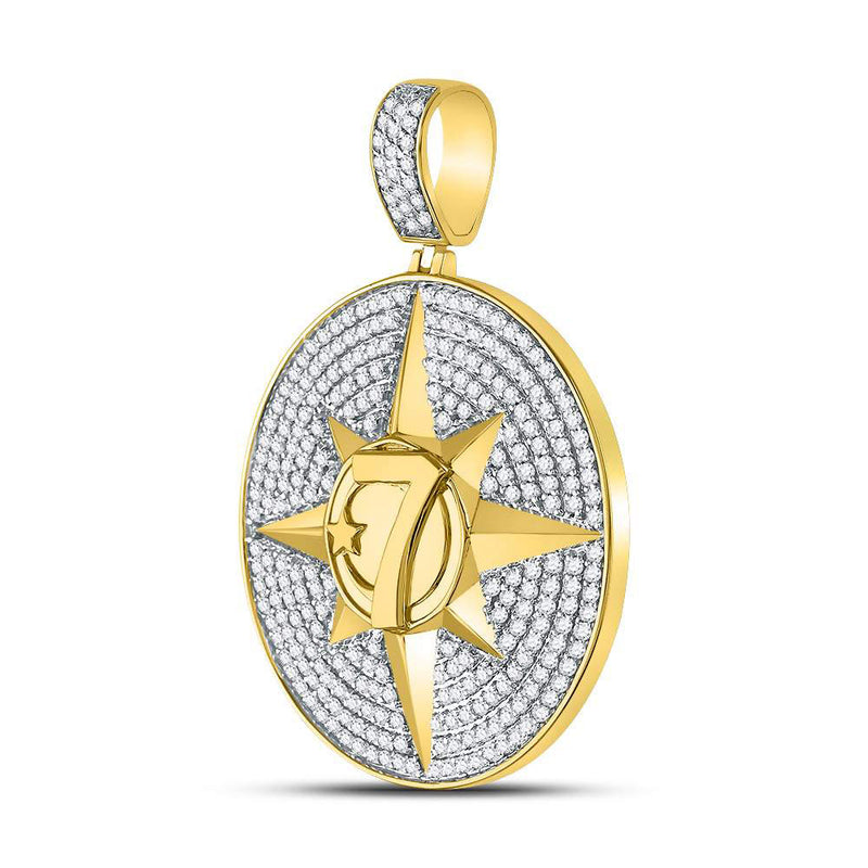 10kt Yellow Gold Mens Round Diamond Compass Rose Lucky 7 Charm Pendant 2-3/8 Cttw