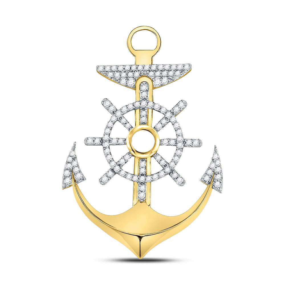 10kt Yellow Gold Mens Round Diamond Anchor Wheel Nautical Charm Pendant 1-1/5 Cttw