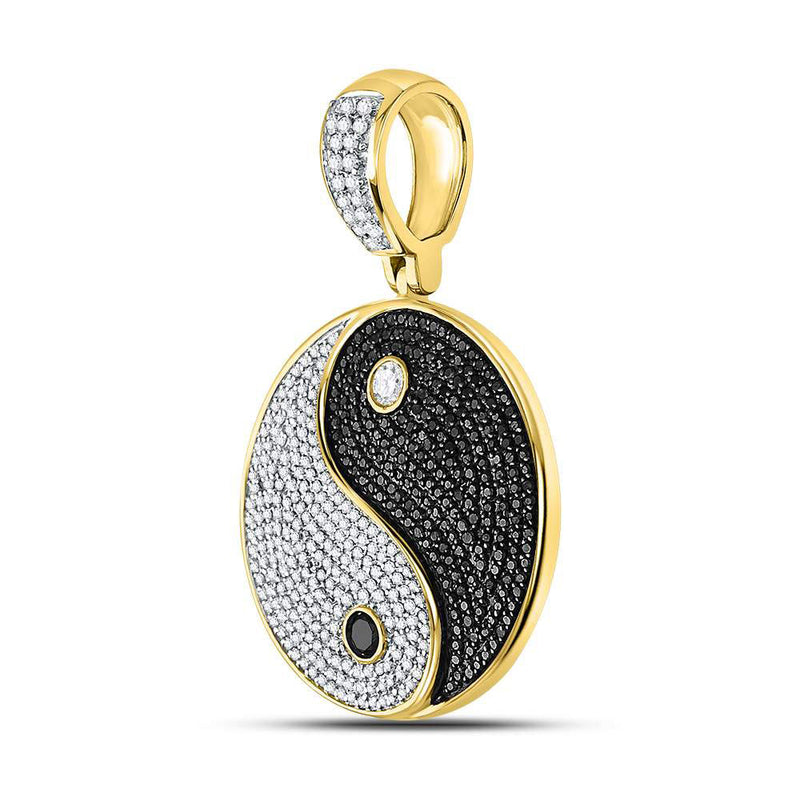 10kt Yellow Gold Mens Round Black Color Enhanced Diamond Yin Yang Charm Pendant 1-3/4 Cttw