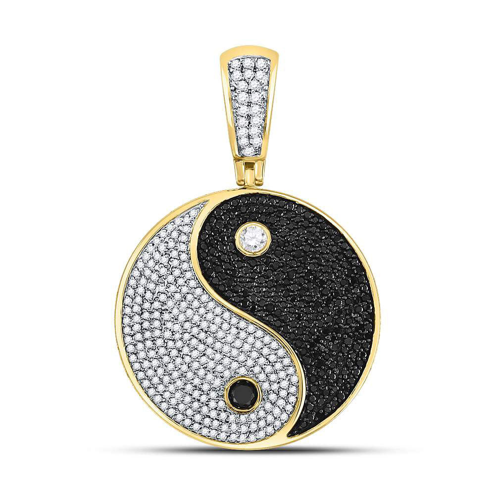 10kt Yellow Gold Mens Round Black Color Enhanced Diamond Yin Yang Charm Pendant 1-3/4 Cttw