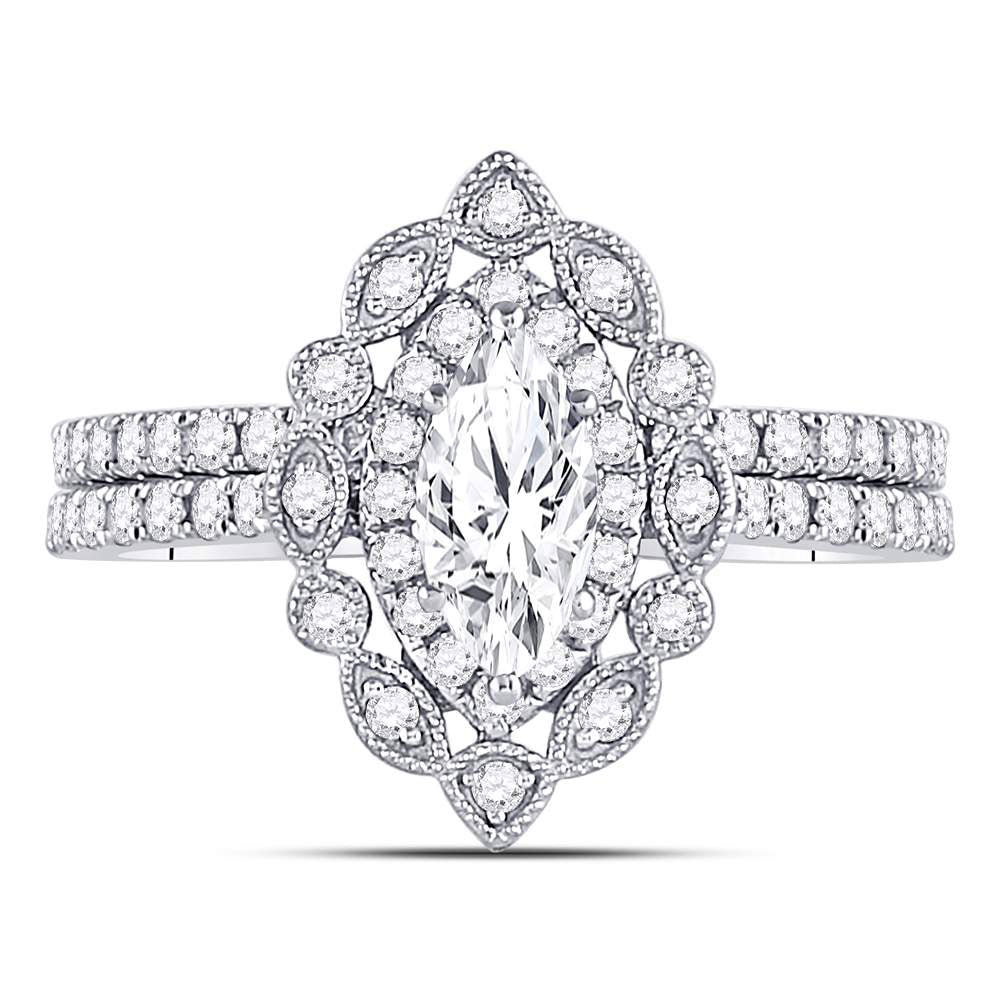 14kt White Gold Marquise Diamond Bridal Wedding Ring Band Set 1-1/4 Cttw