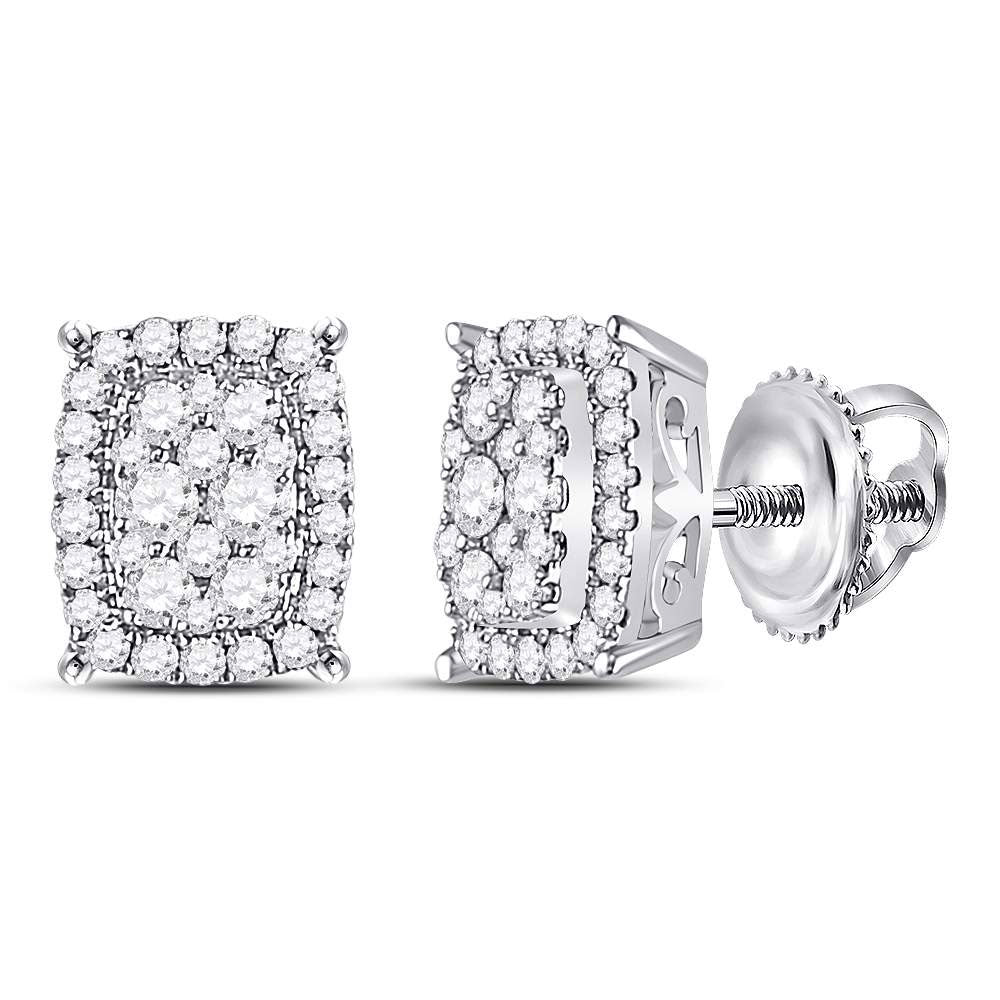 14kt White Gold Womens Round Diamond Rectangular Cluster Earrings 1/2 Cttw