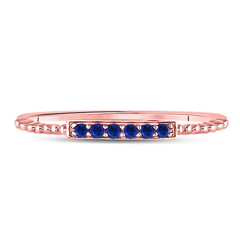 10kt Rose Gold Womens Round Blue Sapphire Beaded Stackable Band Ring 1/20 Cttw