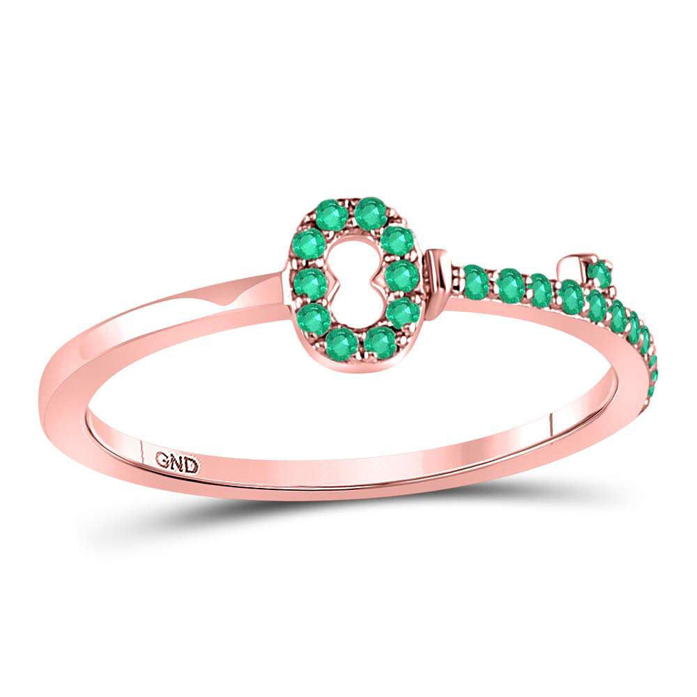 10kt Rose Gold Womens Round Emerald Key Stackable Band Ring 1/5 Cttw