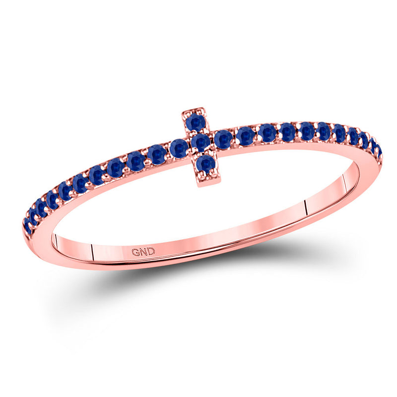 10kt Rose Gold Womens Round Blue Sapphire Cross Stackable Band Ring 1/6 Cttw