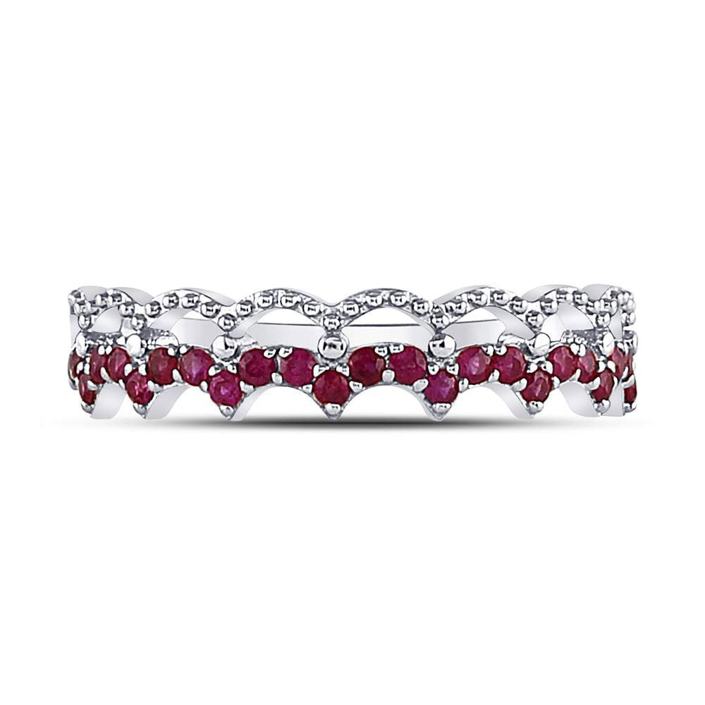 10kt White Gold Womens Round Ruby Scalloped Stackable Band Ring 1/4 Cttw