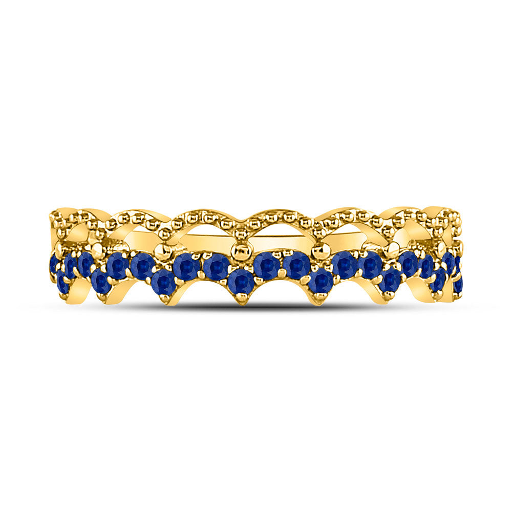 10kt Yellow Gold Womens Round Blue Sapphire Scalloped Stackable Band Ring 1/4 Cttw