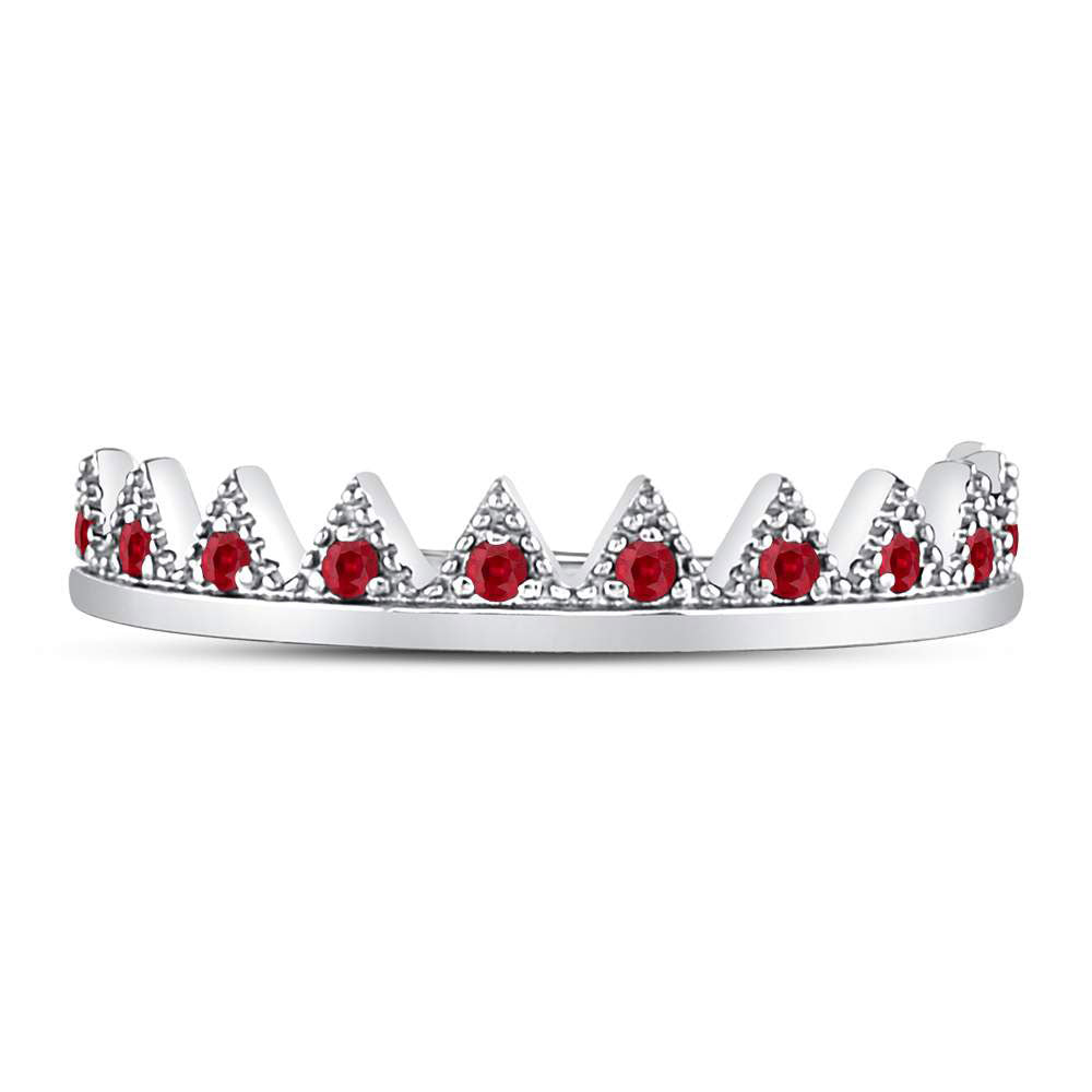 10kt White Gold Womens Round Ruby Beaded Chevron Stackable Band Ring 1/10 Cttw