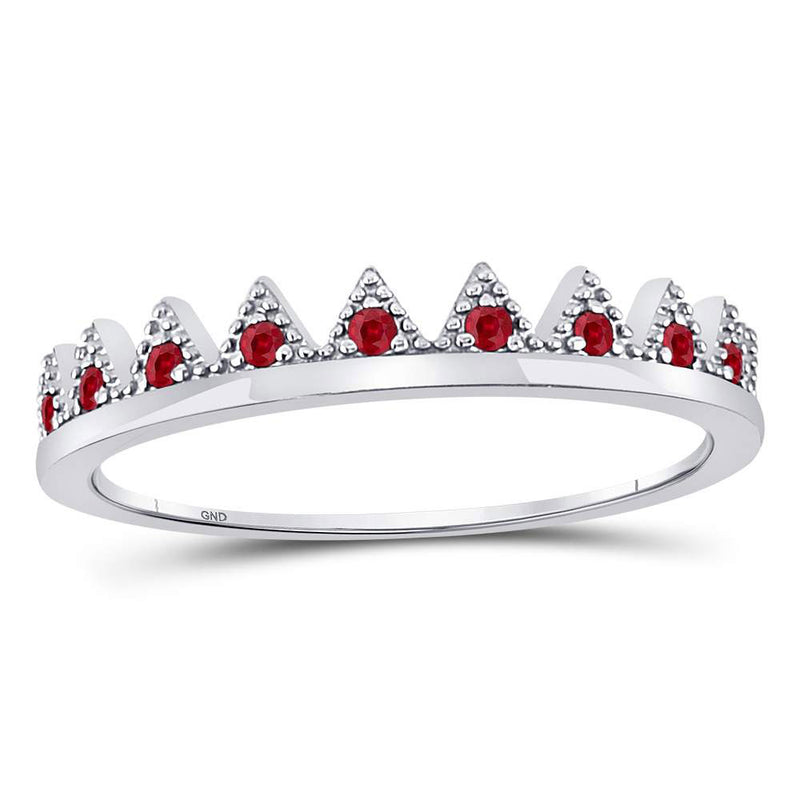 10kt White Gold Womens Round Ruby Beaded Chevron Stackable Band Ring 1/10 Cttw