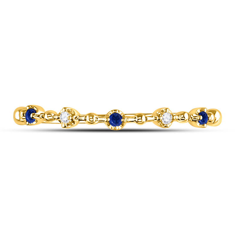 10kt Yellow Gold Womens Round Blue Sapphire Diamond Beaded Stackable Band Ring 1/20 Cttw