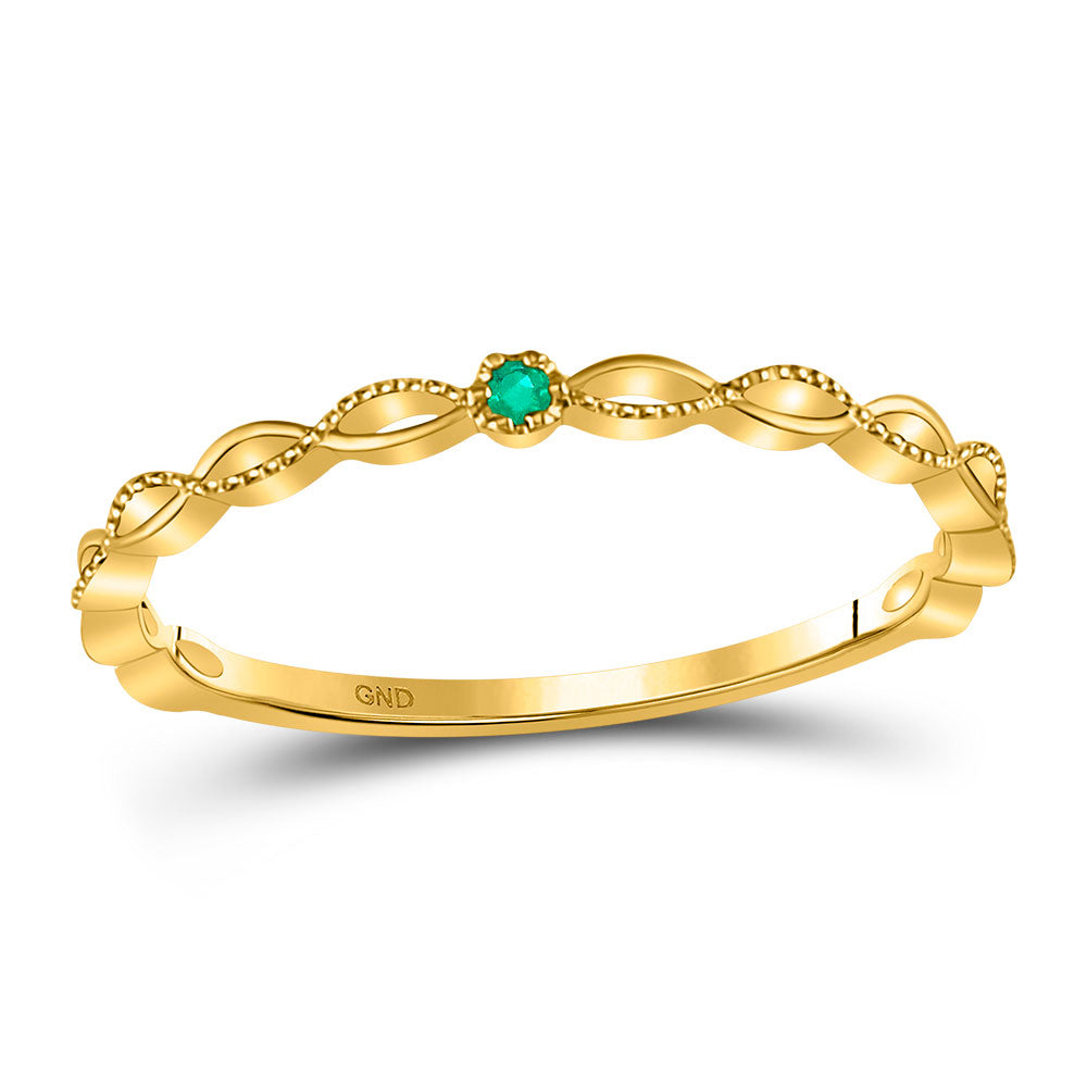 10kt Yellow Gold Womens Round Emerald Solitaire Milgrain Stackable Band Ring .01 Cttw