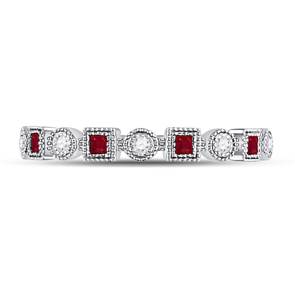 10kt White Gold Womens Princess Ruby Diamond Square Dot Milgrain Stackable Band Ring 1/8 Cttw