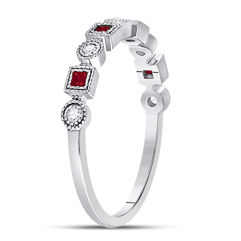 10kt White Gold Womens Princess Ruby Diamond Square Dot Milgrain Stackable Band Ring 1/8 Cttw