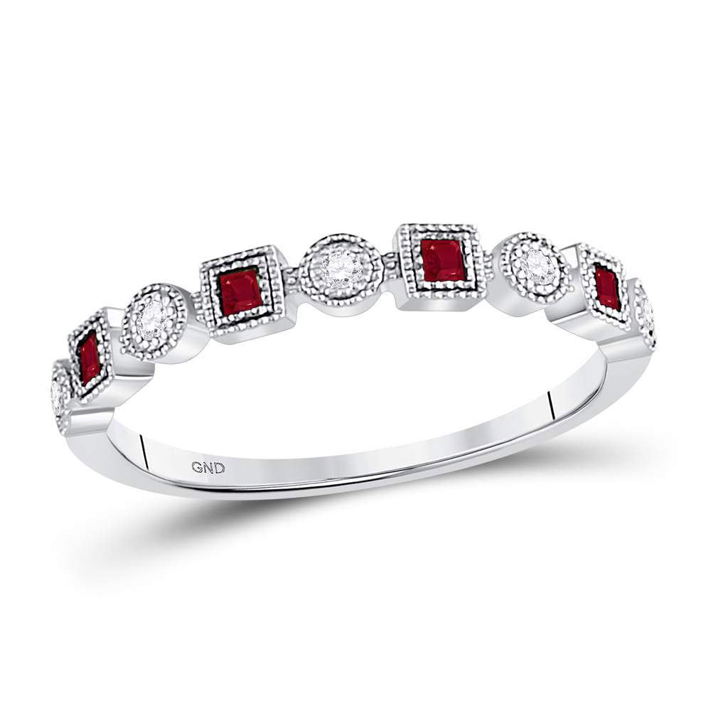 10kt White Gold Womens Princess Ruby Diamond Square Dot Milgrain Stackable Band Ring 1/8 Cttw