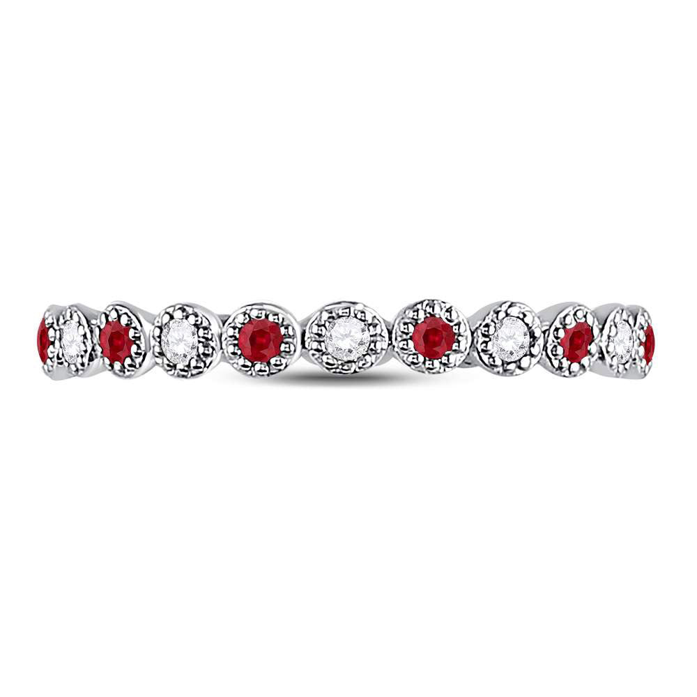 10kt White Gold Womens Round Ruby Diamond Beaded Dot Stackable Band Ring 1/6 Cttw