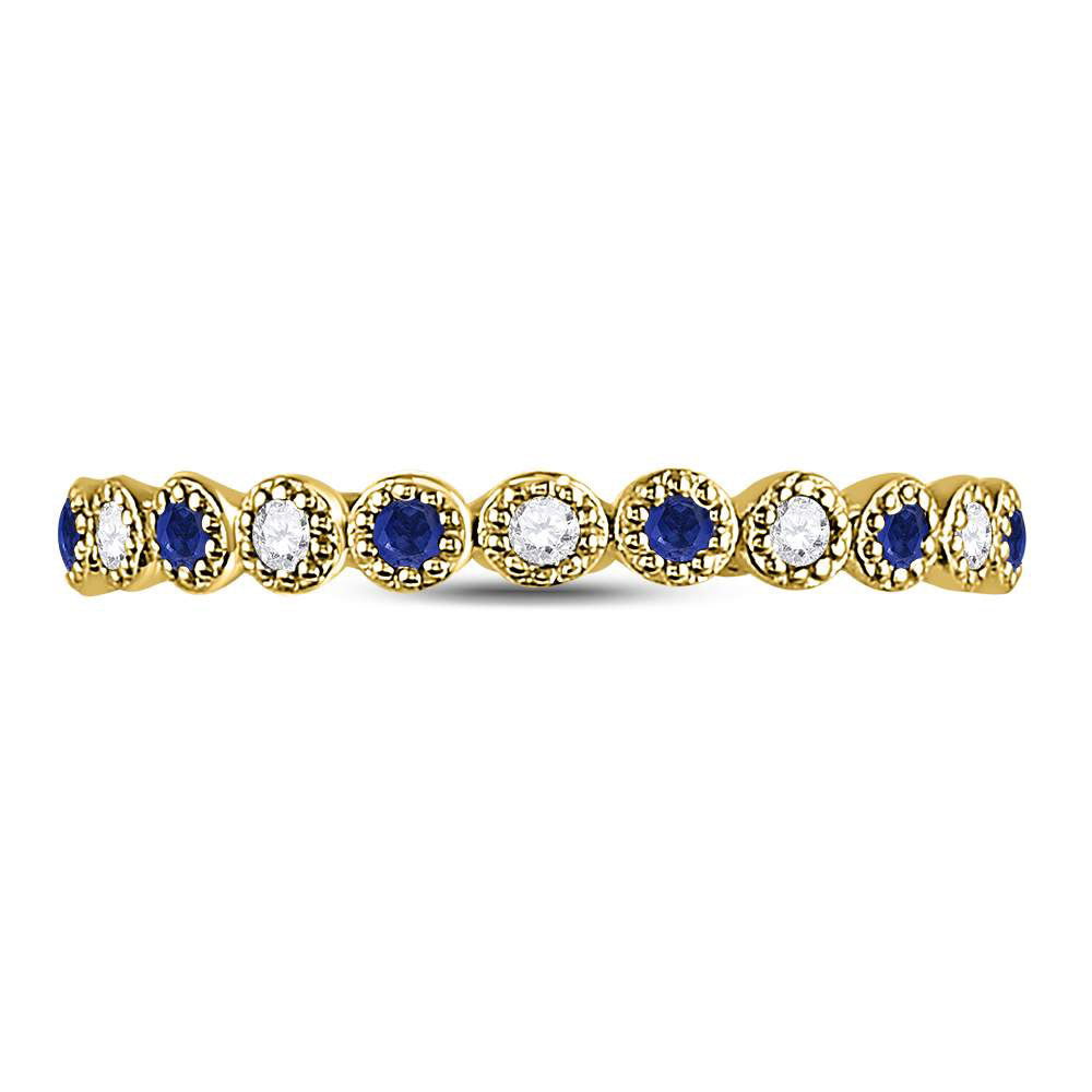 10kt Yellow Gold Womens Round Blue Sapphire Diamond Beaded Dot Stackable Band Ring 1/6 Cttw