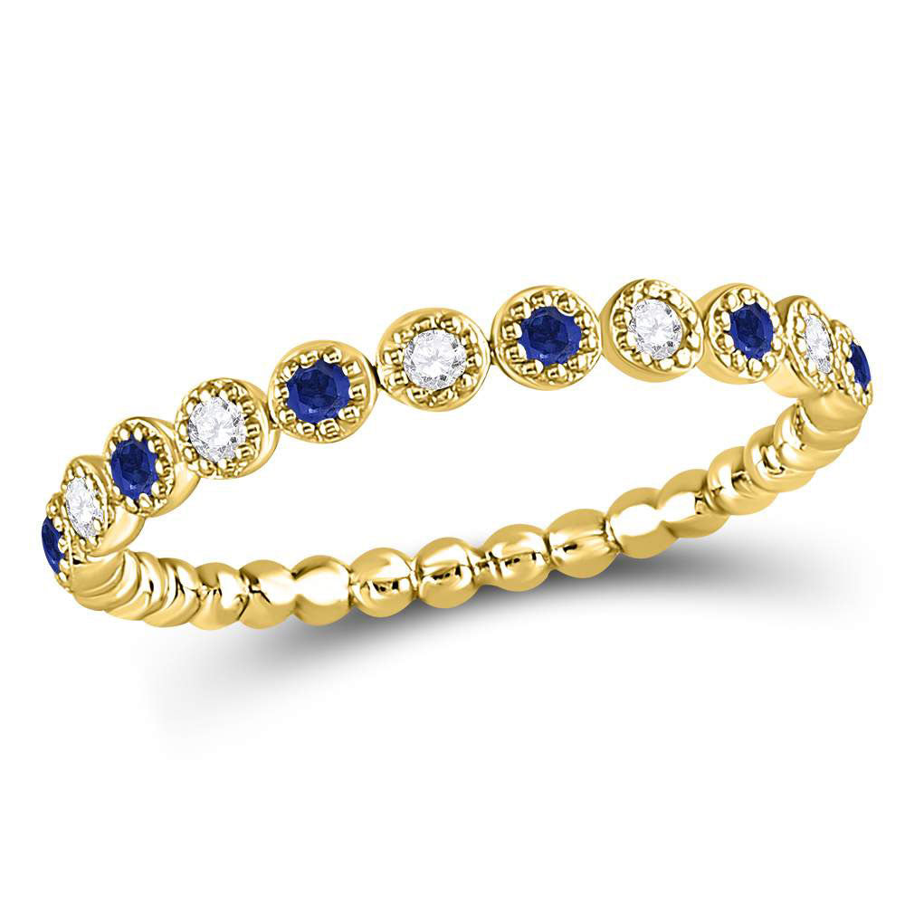 10kt Yellow Gold Womens Round Blue Sapphire Diamond Beaded Dot Stackable Band Ring 1/6 Cttw