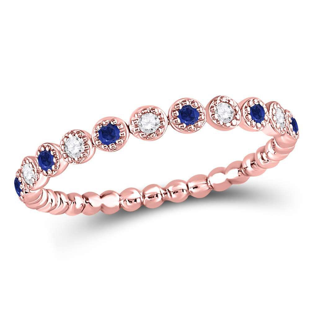 10kt Rose Gold Womens Round Blue Sapphire Diamond Beaded Dot Stackable Band Ring 1/6 Cttw