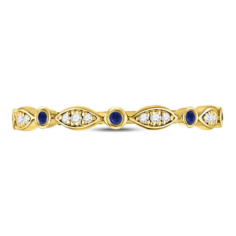 10kt Yellow Gold Womens Round Blue Sapphire Diamond Stackable Band Ring 1/10 Cttw