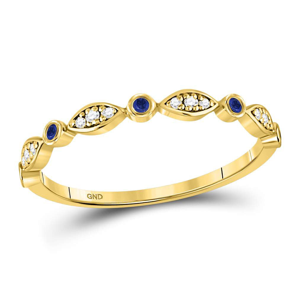 10kt Yellow Gold Womens Round Blue Sapphire Diamond Stackable Band Ring 1/10 Cttw