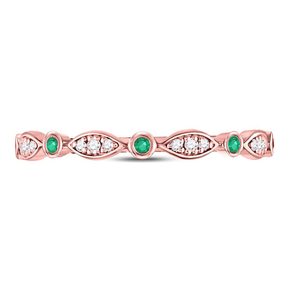 10kt Rose Gold Womens Round Emerald Diamond Marquise Dot Stackable Band Ring 1/8 Cttw