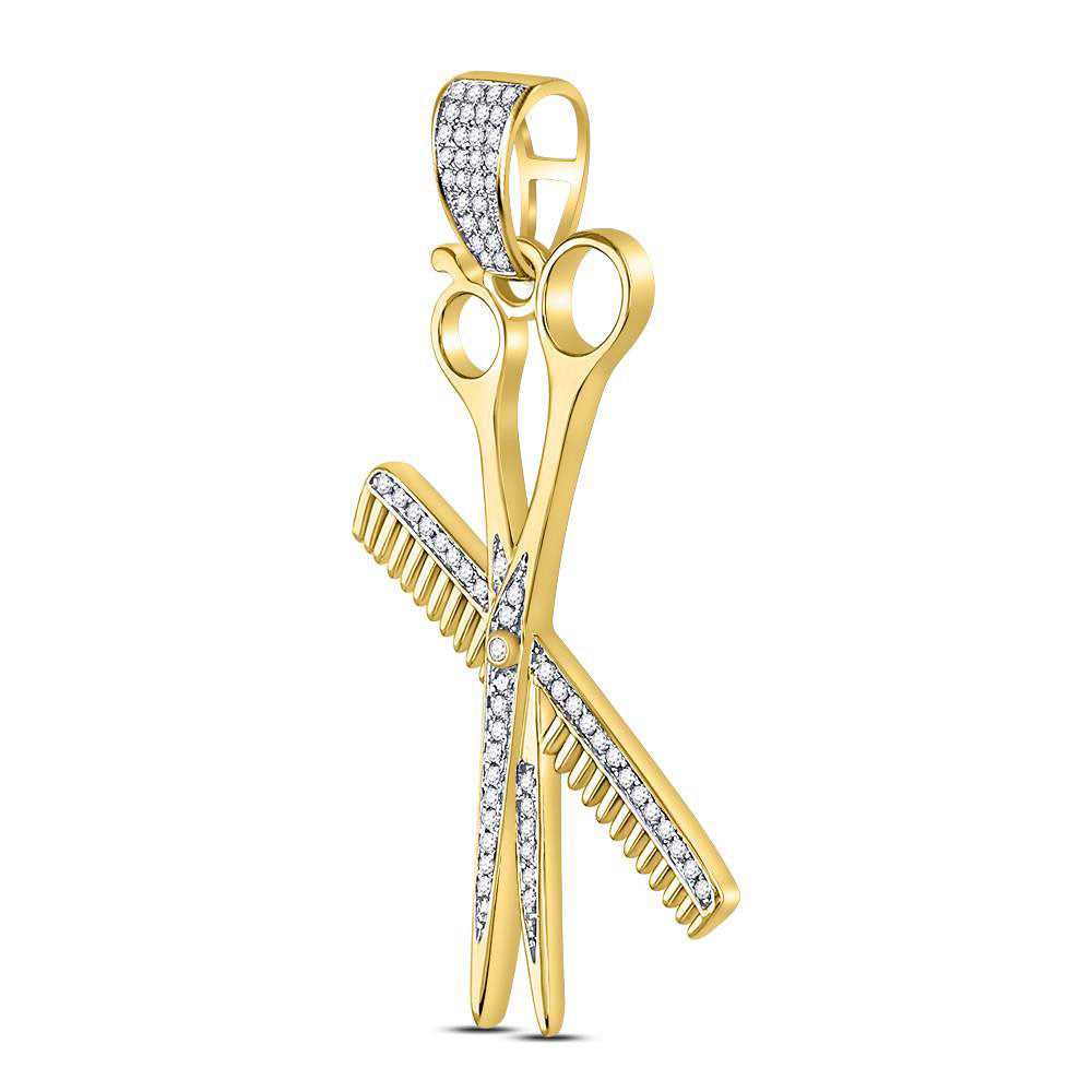 10kt Yellow Gold Mens Round Diamond Barber Scissors Comb Clippers Charm Pendant 1/3 Cttw