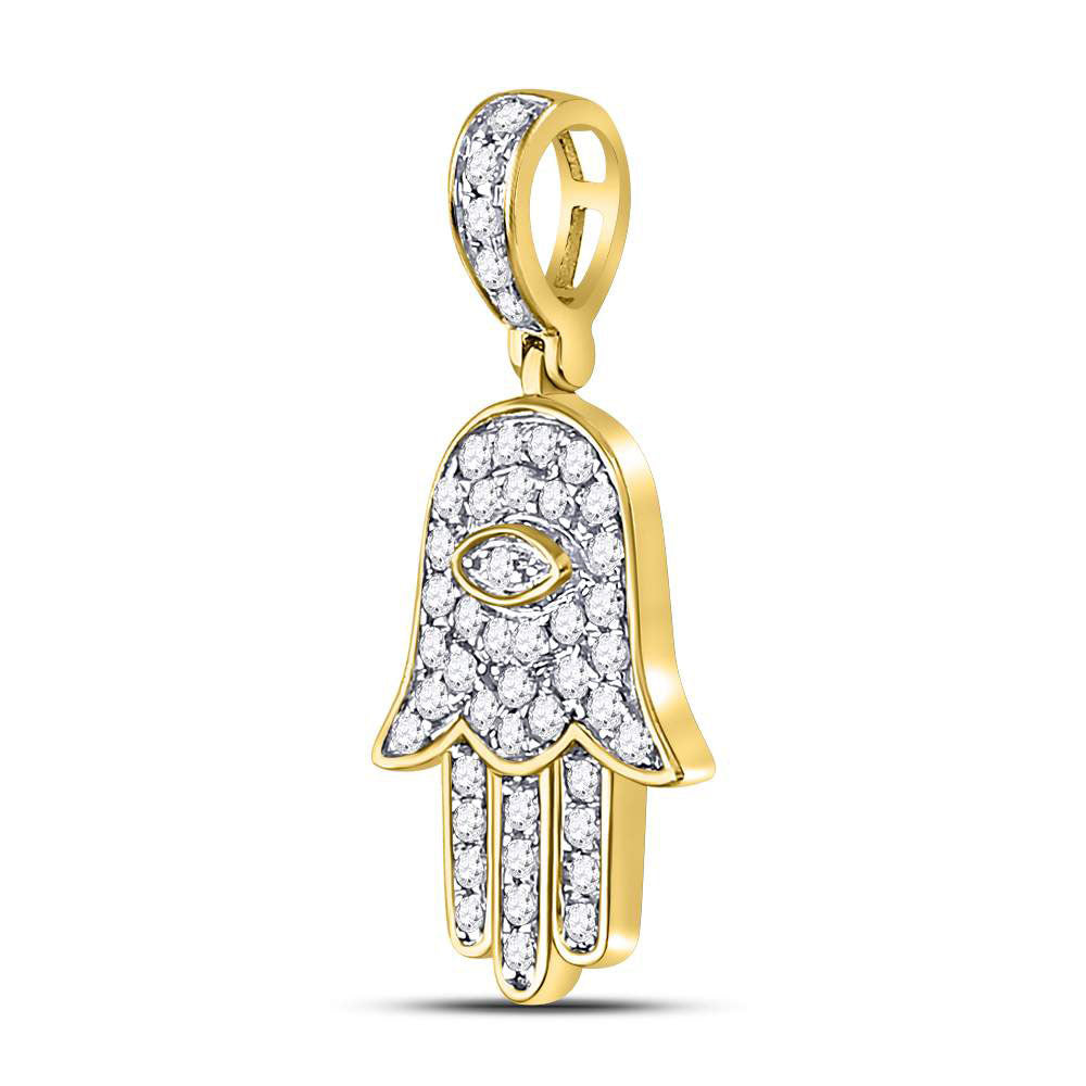 10kt Yellow Gold Mens Round Diamond Hamsa Eye Fatima Charm Pendant 1/4 Cttw