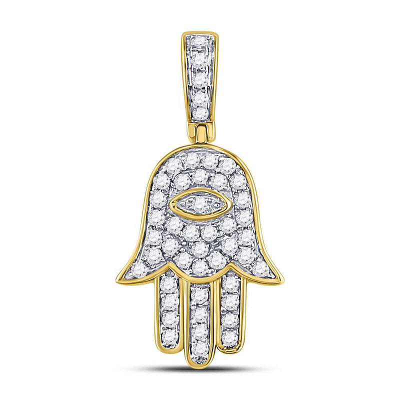 10kt Yellow Gold Mens Round Diamond Hamsa Eye Fatima Charm Pendant 1/4 Cttw