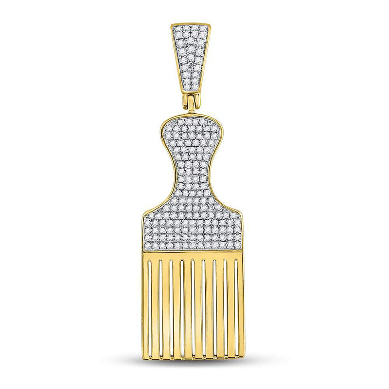 10kt Yellow Gold Mens Round Diamond Afro Hair Pick Charm Pendant 1/2 Cttw