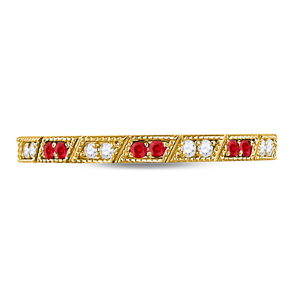 10kt Yellow Gold Womens Round Ruby Diamond Milgrain Stackable Band Ring 1/4 Cttw