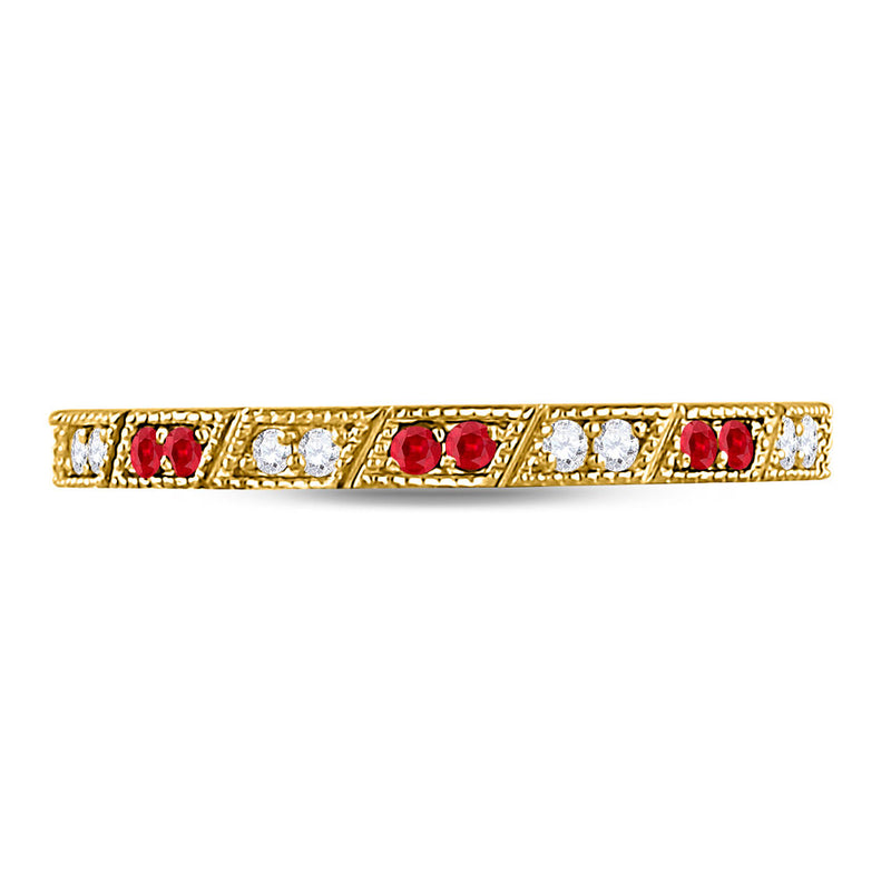 10kt Yellow Gold Womens Round Ruby Diamond Milgrain Stackable Band Ring 1/4 Cttw