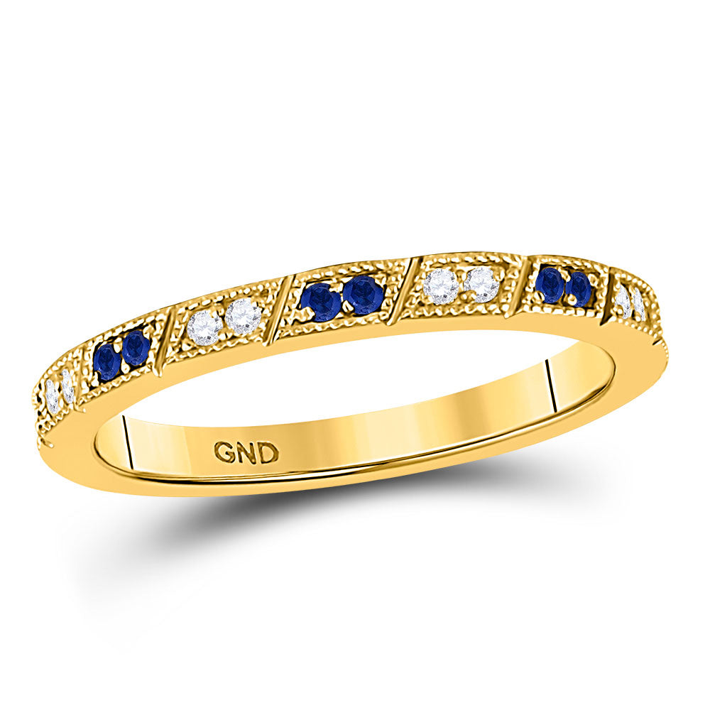 10kt Yellow Gold Womens Round Blue Sapphire Diamond Milgrain Stackable Band Ring 1/4 Cttw